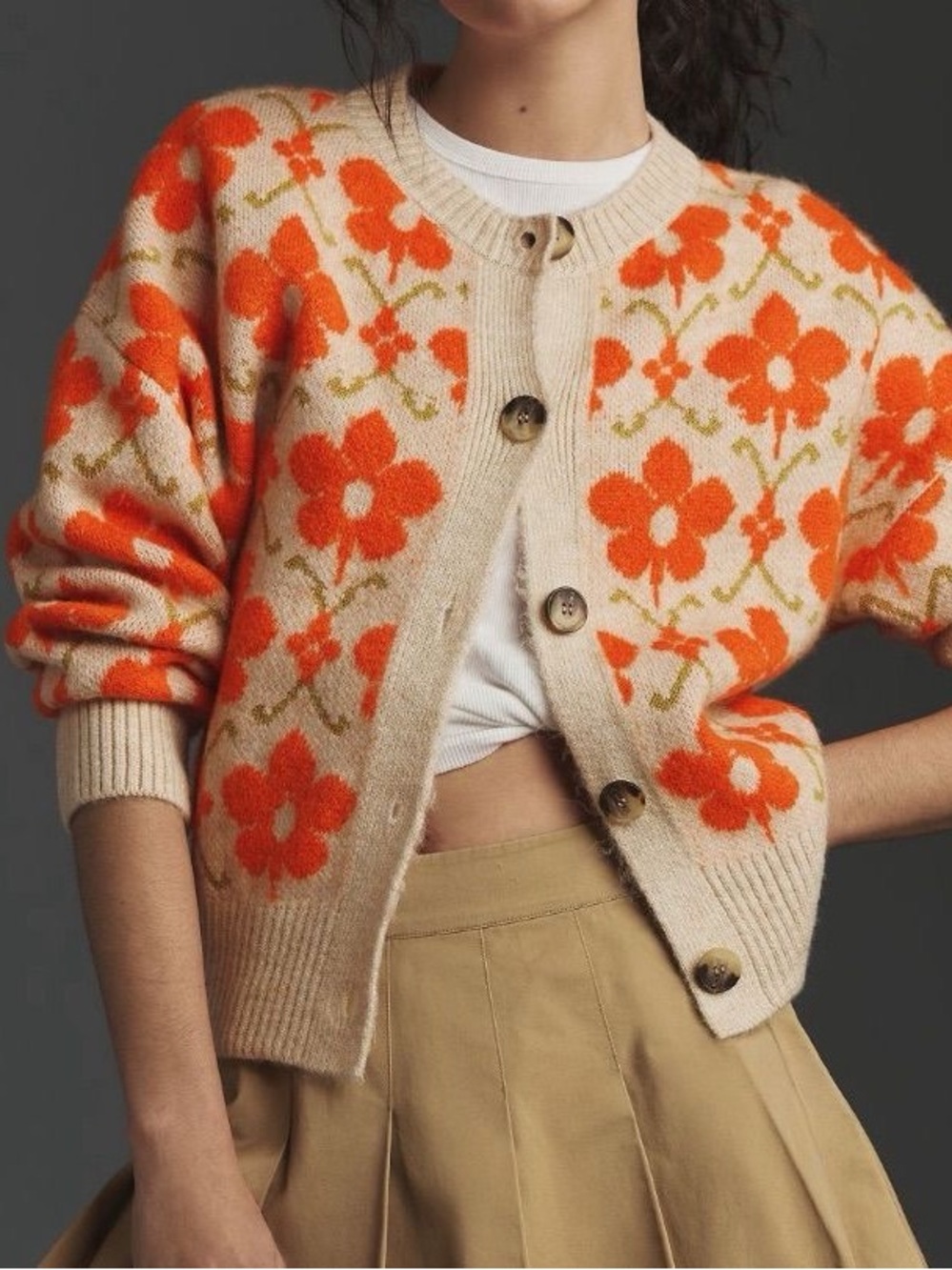 Anthropologie Maeve Intarsia Orange Floral Cardigan Size Large - Picture 1 of 11